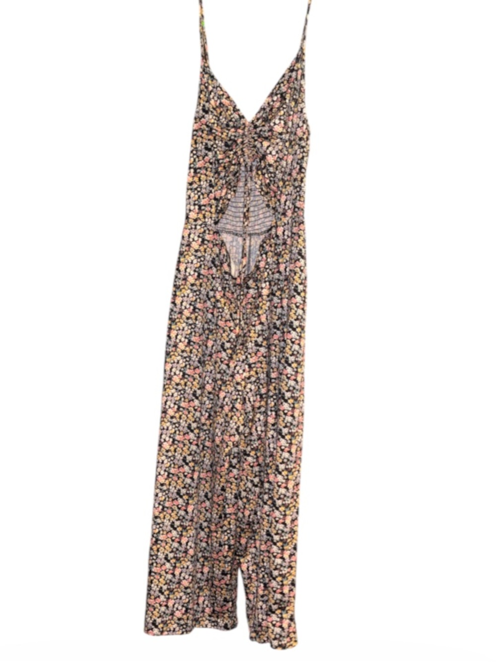 Vine and Valley Black W/ Floral Tie-Front / Peek-A-Boo Center Wide Leg Jumpsuit